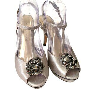Antonio Melani Silver T-Strap Heels Gem Embellished Peep Toe 7.5 Formal Shoes